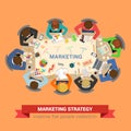 Marketing sale brainstorm flat vector: staff around table