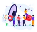 Marketing strategy campaign concept, people holding and shout on giant megaphone for promotion and sales program flat vector Royalty Free Stock Photo