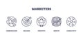 Marketing strategy icons include megaphone, target, lightbulb, graph, network. Outline ...