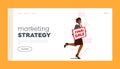 Marketing Strategy Landing Page Template. Forceful Promoter Female Character Run with Banner Promoting Final Sale