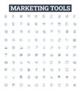 Marketing tools vector line icons set. Tools, Marketing, CRM, SEO, Email, Social, Analytics illustration outline concept