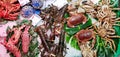 Marketplace with big choice of fresh seafood in La Boqueria market Royalty Free Stock Photo