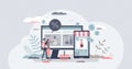Marketplace with e-commerce store front and products tiny person concept
