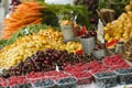 Marketplace with garden truck, vegetables, fruits, berries etc. Royalty Free Stock Photo