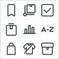 Marketplace line icons. linear set. quality vector line set such as package, clothes, bag, alphabet, finance, box, cyclist,