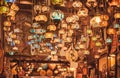 Marketplace with stained glass lamps, colorful oriental craft product in traditional arabic bazaar