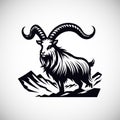 Wild markhor mountain goat standing on rock black and white vector silhouette and outline Royalty Free Stock Photo