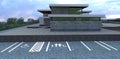 Marking on a car parking near a modern house on a hill. Places for the disabled and families. 3d render