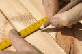 Marking distances. The carpenter`s hands measure distance measure. Royalty Free Stock Photo