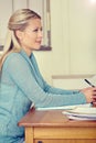 Marking exams, woman and educator with books, thinking and education in a classroom, ideas and decision. Person, school Royalty Free Stock Photo