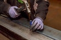 Hammer, nail punch. marking on a metal surface for drilling holes with a square and a caliper.