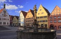 Markplatz with traditional houses and fountain on the foreground in Rothenburg ob der Tauber,