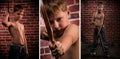 Marksman collage: kid with bow and arrow Royalty Free Stock Photo