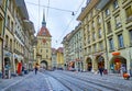 Marktgasse street in Altstadt district with typical Bernese townhouses with arcades in Bern, Switzerland