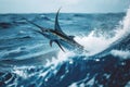 Marlin Fish Leaping Out of Water, A Gorgeous Display of Agility and Power, A blue marlin speeding through the ocean waves with
