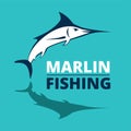 Marlin fish logo. Swordfish fishing emblem. Angry marlina. Design elements for fisherman club or tournament. Big game