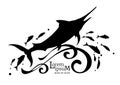 Marlin fish logo template. Sailfish jumping out of the water. School of fish.