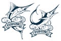 Marlin fish set. Blue marlin fish in different poses, marlin fish fishing emblem, sword fish logo