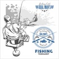 Marline fish in waves on retro grunge background - creation logo, emblem, fishing clubs Royalty Free Stock Photo