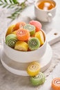 Marmalade candies in a white plate with tea