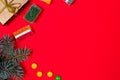 Marmalade candy and lollipops on a red New Year`s background. Banner for confectionery and candy store. With place for text