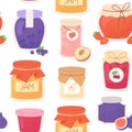 Marmalade jar seamless pattern. Sweet confiture or fruit jam. Berries compote and canned fruits. Homemade preserves racy