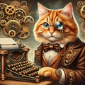 A marmalade tabby cat with brass steampunk gear, including a monocle and a Victorian waistcoat with gear motifs. The cat