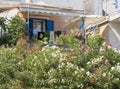 Marmari, Evia island, Greece. August 2020: Balcony of a Greek house on the waterfront in a Greek resort town on the Aegean sea