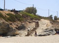 Marmari, Evia island, Greece. August 2020: Wooden stairs leading to the beach on the Greek island Evia