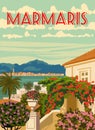 Marmaris landmark, Turkey resort, retro poster, horizon, skyline. Vintage touristic travel postcard, placard, vector
