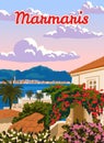 Marmaris landmark, Turkey resort, retro poster, horizon, skyline. Vintage touristic travel postcard, placard, vector