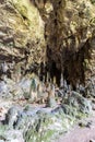 Stalagmites of Nimara Cave on Cennet Adasi island near Marmaris resort town in Turkey