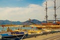 MARMARIS, TURKEY: Berth with luxury yachts and beautiful ships in Marmaris on a cloudy day.