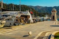 MARMARIS, TURKEY: Lighthouse and sailing yachts in the port of Marmaris Royalty Free Stock Photo