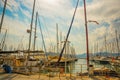 MARMARIS, TURKEY: Port with beautiful sailing yachts in Marmaris on a cloudy day. Royalty Free Stock Photo