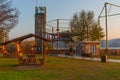 MARMARIS, TURKEY: Wooden gazebos on the beach at the Adventure Park in Marmaris in the evening. Royalty Free Stock Photo