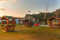 MARMARIS, TURKEY: Wooden gazebos on the beach at the Adventure Park in Marmaris in the evening. Royalty Free Stock Photo