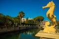 MARMARIS, TURKEY: Sculpture of a Seahorse and a Frog on the street by the canal in Marmaris on a sunny day.