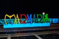 MARMARIS, TURKEY: Huge letters, the name and the sign of Marmaris on the promenade at night.