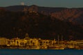 MARMARIS, TURKEY: Landscape with a view of the old town, Fortress and ships in Marmaris at sunset. Royalty Free Stock Photo