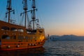 MARMARIS, TURKEY: Mermaid on a decorative stylized ship at sunset in Marmaris.