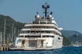 Blue superyacht owned by Emirati billionaire Sheikh Mansour, in Netsel Marina port of Marmaris, Turkey