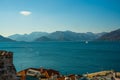 MARMARIS, TURKEY: Top view from the Marmaris Fortress on the landscape on the snow-capped mountains in winter. Royalty Free Stock Photo