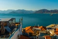 MARMARIS, TURKEY: Top view from the Marmaris Fortress on the landscape on the snow-capped mountains in winter. Royalty Free Stock Photo