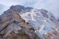 Marmolada glacier and Rifugio Serauta as seen from the via ferrata route called Eterna Brigata di Cadore, in Summer