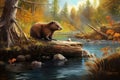 Marmot on the bank of a mountain river. Digital painting, A beaver working on its dam in a tranquil forest stream, AI Generated