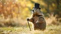 a marmot in a black bowler hat and a cane in its paw stands in a clearing in sunny weather, Groundhog Day, banner