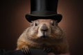 Marmot in black bowler hat. Weather forecaster. AI generated