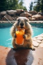 marmot with a cocktail on the background of the pool Royalty Free Stock Photo