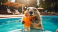 marmot with a cocktail on the background of the pool Royalty Free Stock Photo